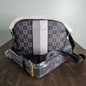 London Fog Ingred Dome Crossbody Black Gray Gold Hardware LFF23129-BLAK